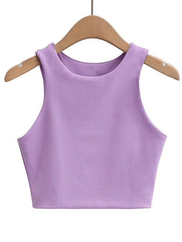 Lavender women’s seamless cropped workout top on a wooden hanger, perfect for fitness and comfort with breathable spandex fabric.